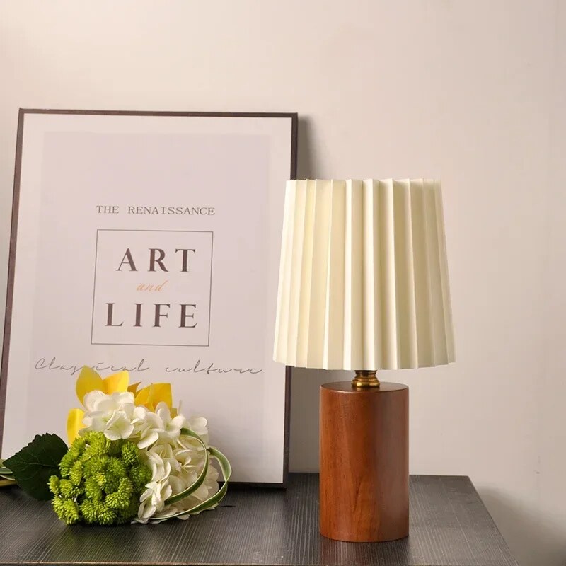 Pleated Table Lamp – solid wood base, cream shade, Nordic style