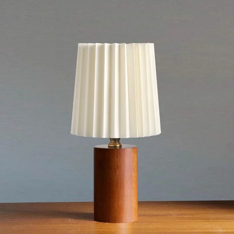 Pleated Table Lamp – solid wood base, cream shade, Nordic style
