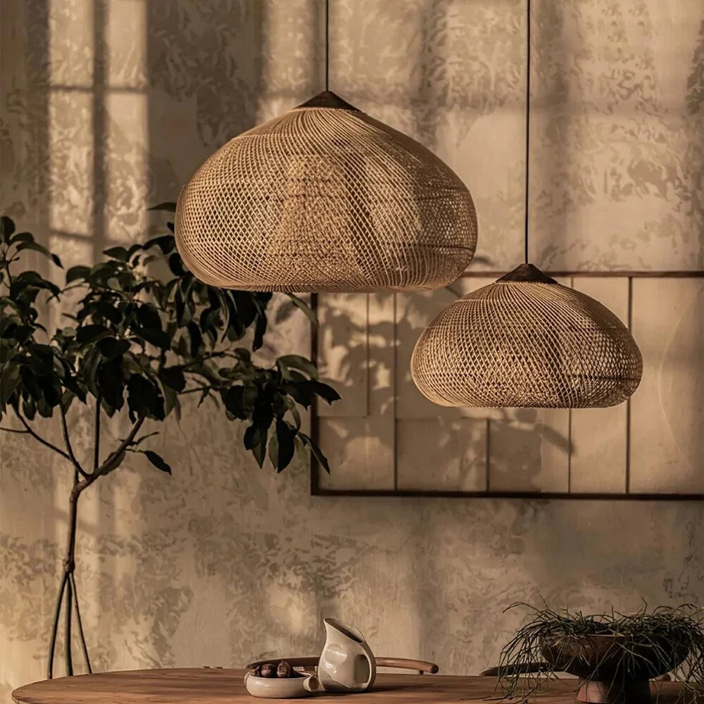 Rattan Pendant Light – woven dome shade, hardwired ceiling mount