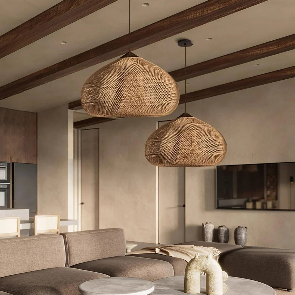 Rattan Pendant Light – woven dome shade, hardwired ceiling mount