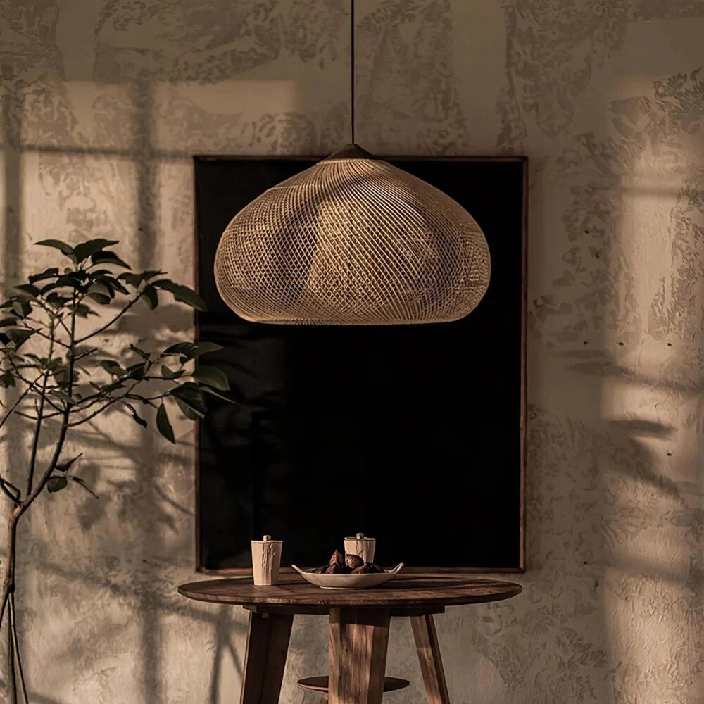 Rattan Pendant Light – woven dome shade, hardwired ceiling mount
