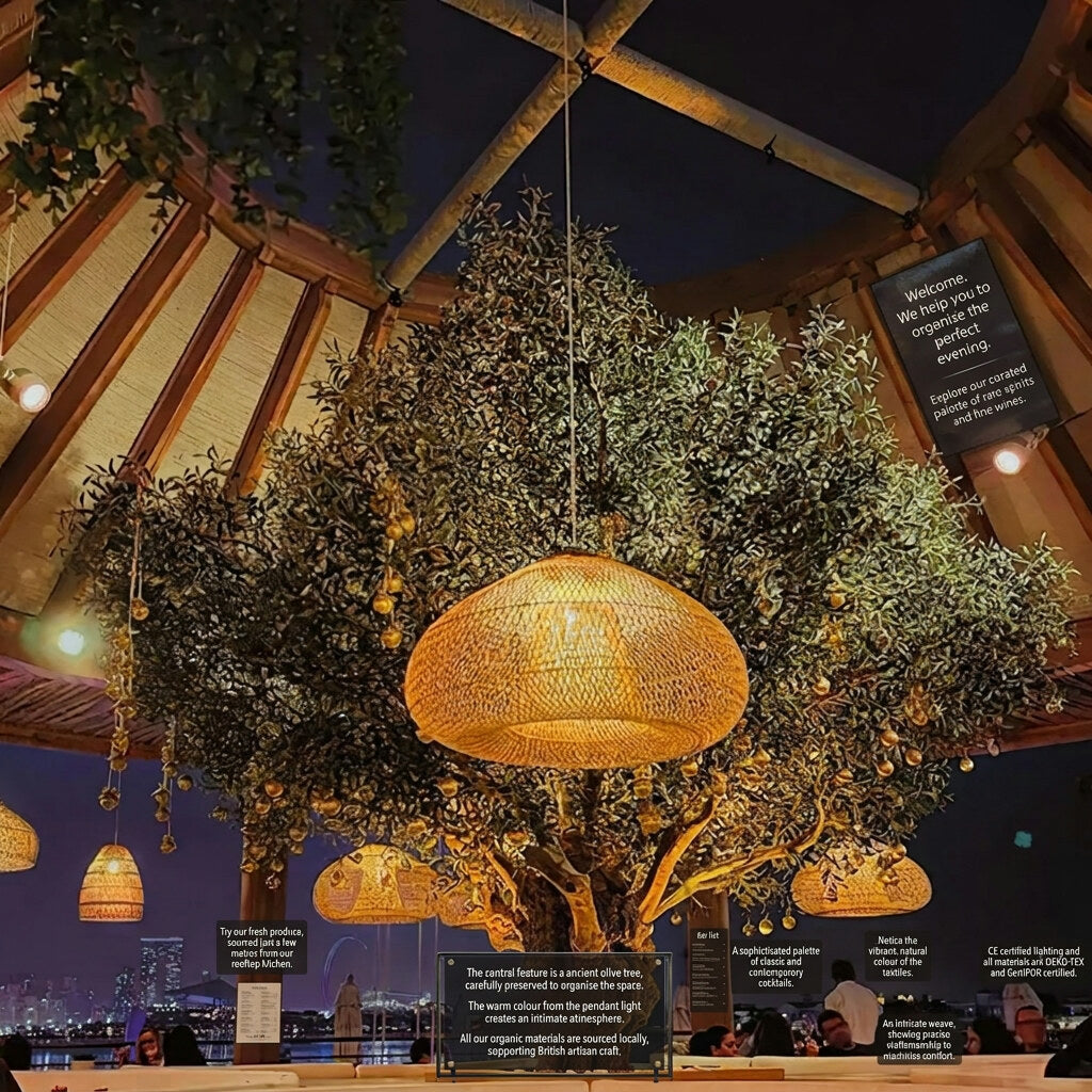 Rattan Pendant Light – woven dome shade, hardwired ceiling mount