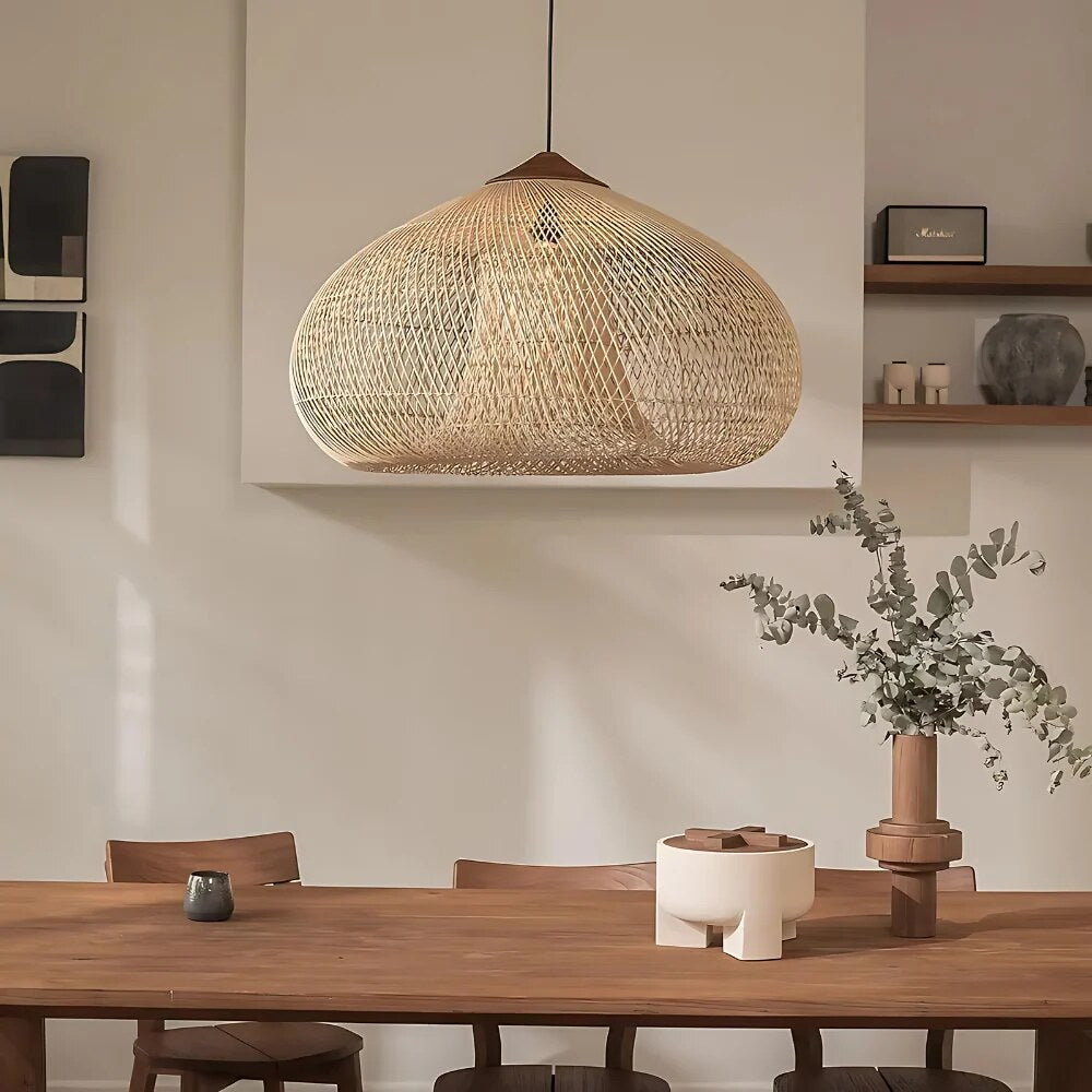 Rattan Pendant Light – woven dome shade, hardwired ceiling mount