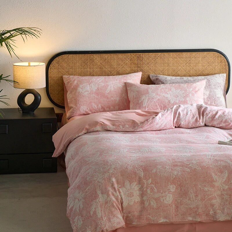 Reversible Cotton Bedding Set – toile floral and linen weave