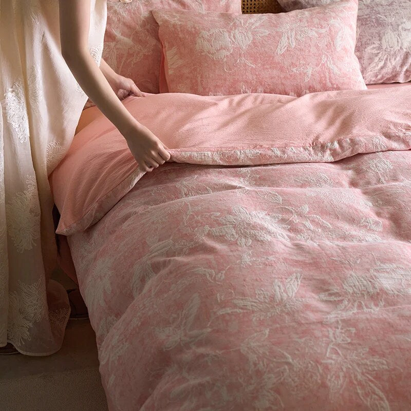 Reversible Cotton Bedding Set – toile floral and linen weave