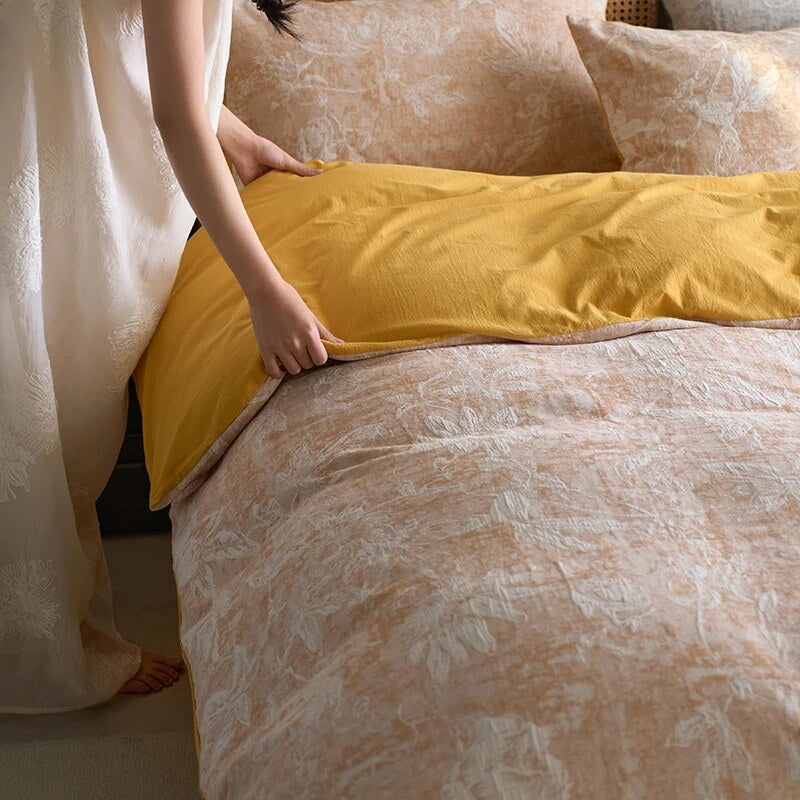 Reversible Cotton Bedding Set – toile floral and linen weave