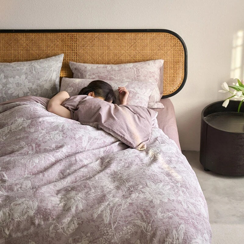 Reversible Cotton Bedding Set – toile floral and linen weave