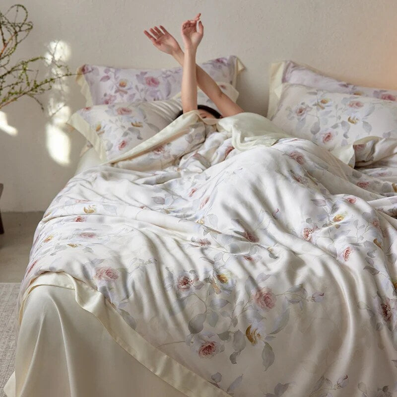 Reversible Satin Duvet Cover – floral watercolour print, silky-matte