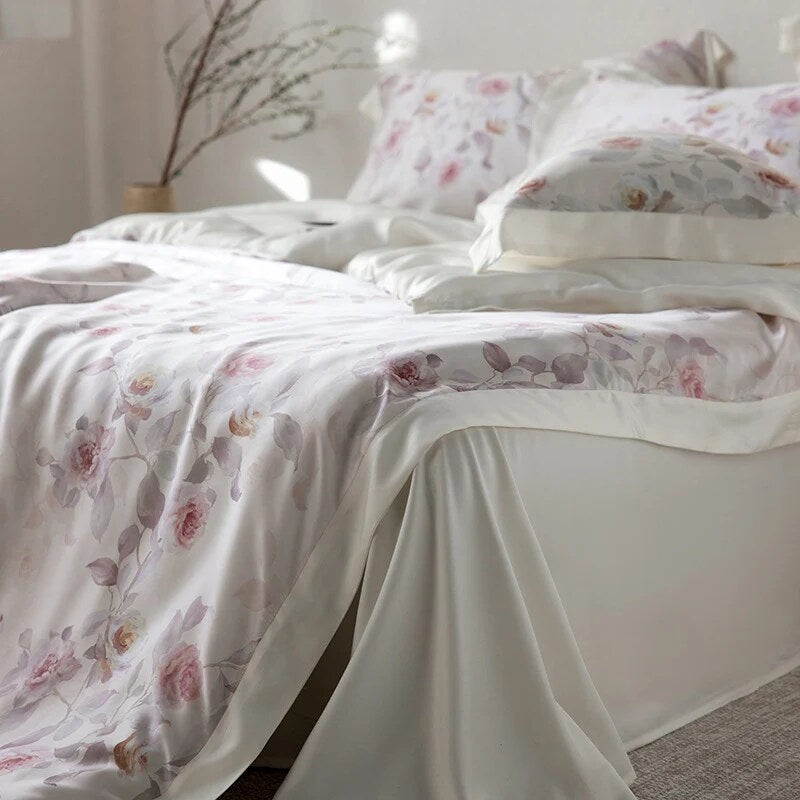 Reversible Satin Duvet Cover – floral watercolour print, silky-matte