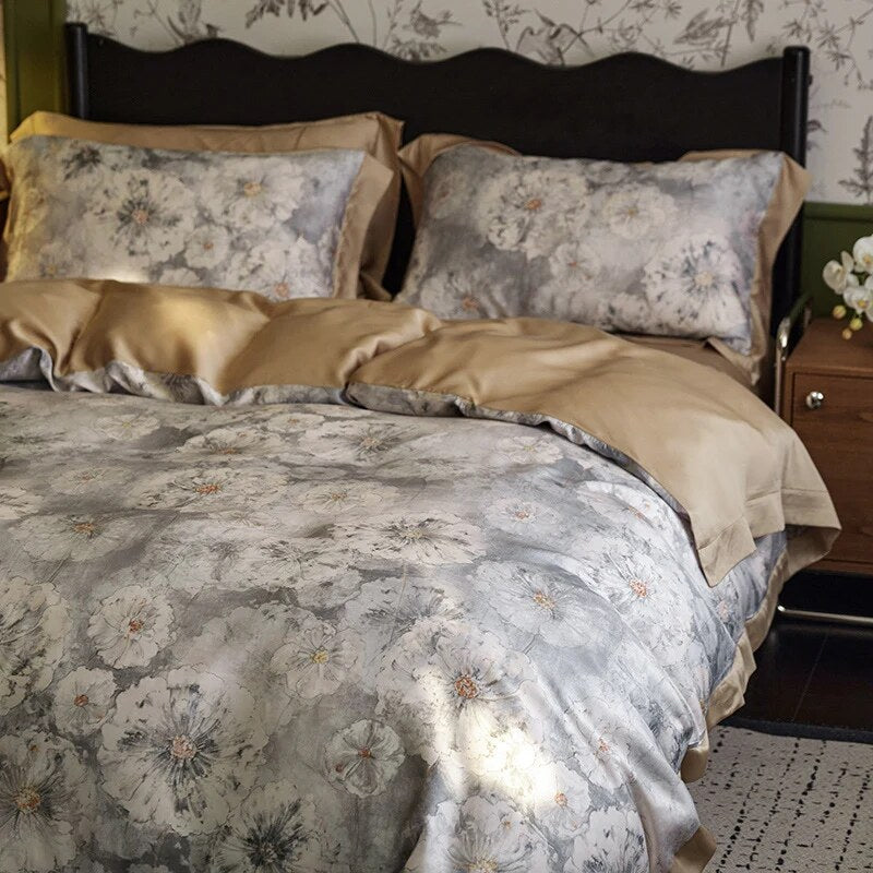 Reversible Satin Duvet Cover – floral watercolour print, silky-matte