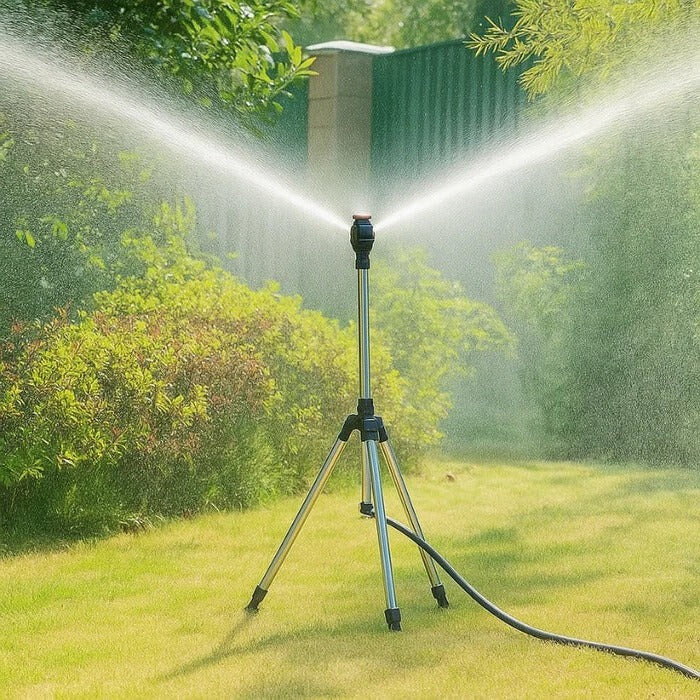 Rotating Tripod Sprinkler – 360° coverage, adjustable height, quick-connect