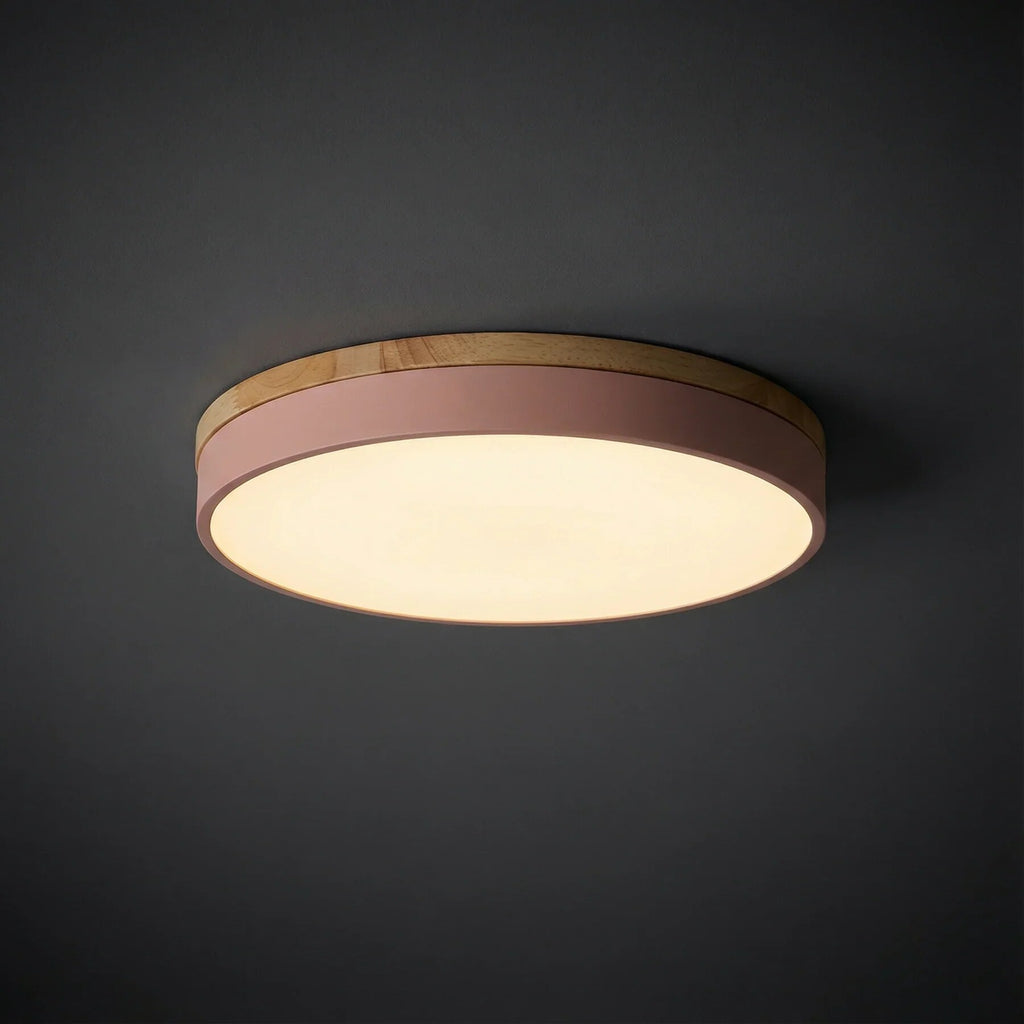 Round Ceiling Light – wood trim, flush mounted, dimmable remote