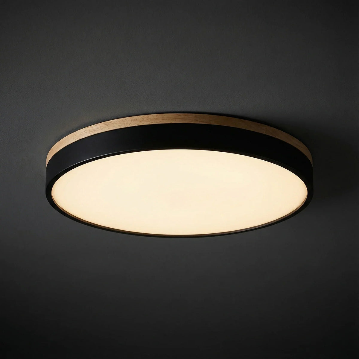 Round Ceiling Light – wood trim, flush mounted, dimmable remote