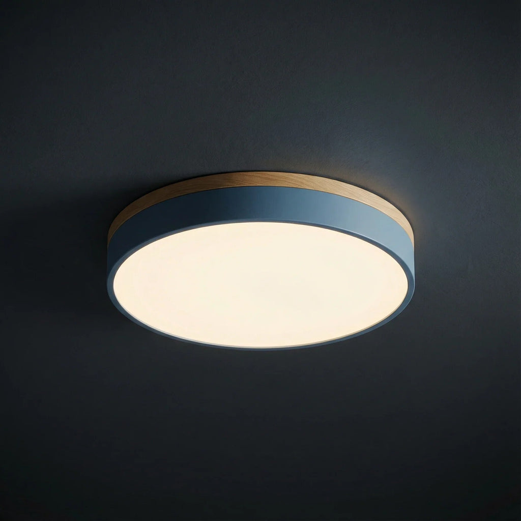 Round Ceiling Light – wood trim, flush mounted, dimmable remote