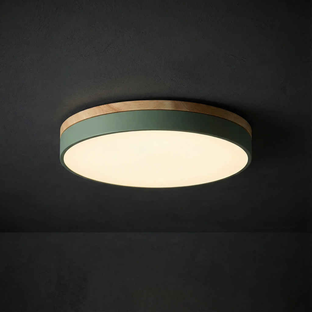 Round Ceiling Light – wood trim, flush mounted, dimmable remote