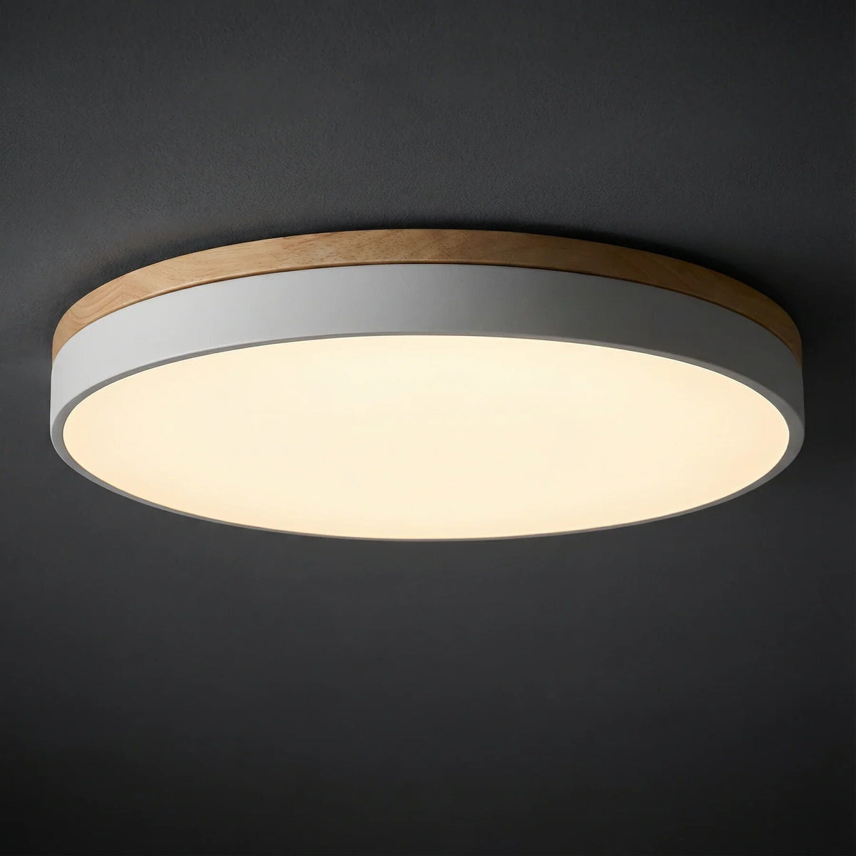 Round Ceiling Light – wood trim, flush mounted, dimmable remote
