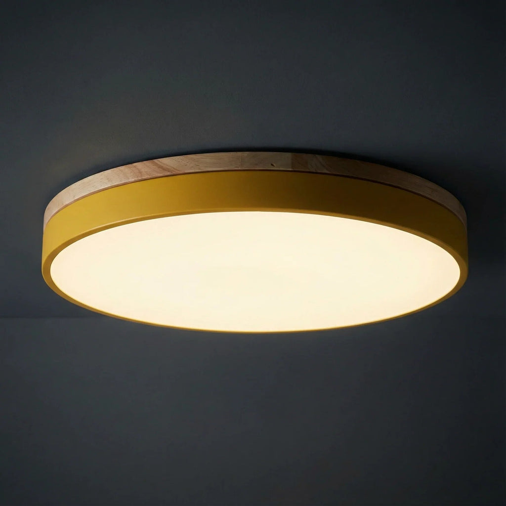 Round Ceiling Light – wood trim, flush mounted, dimmable remote