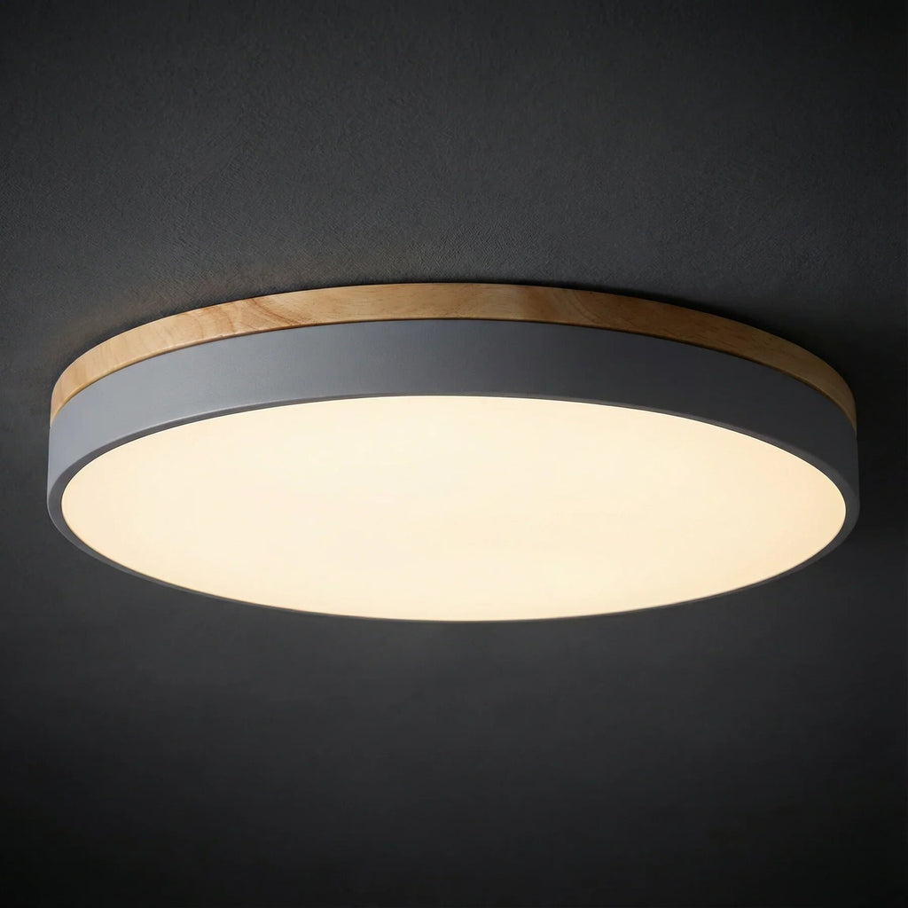 Round Ceiling Light – wood trim, flush mounted, dimmable remote