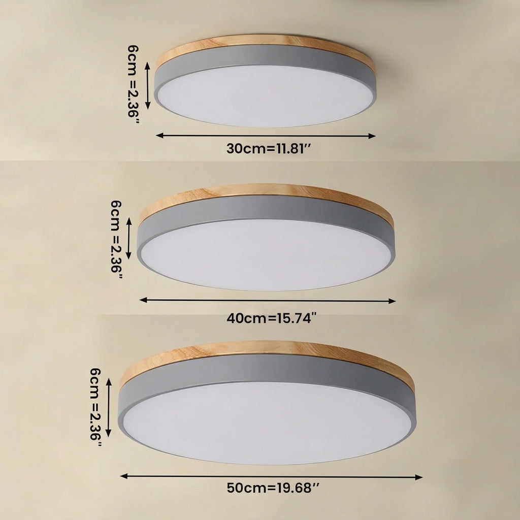 Round Ceiling Light – wood trim, flush mounted, dimmable remote