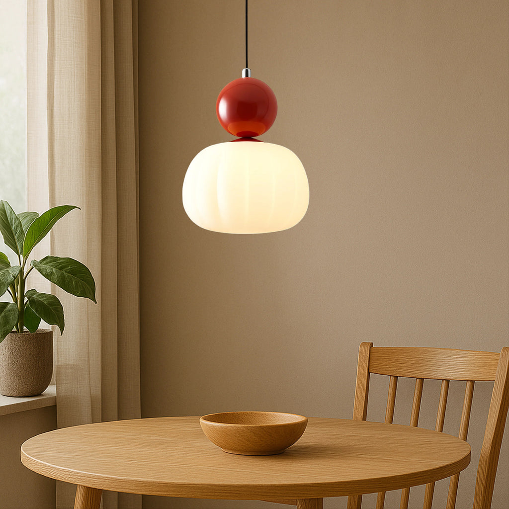 Sculptural Pendant Light – opal-effect shade, coloured sphere cap, adjustable