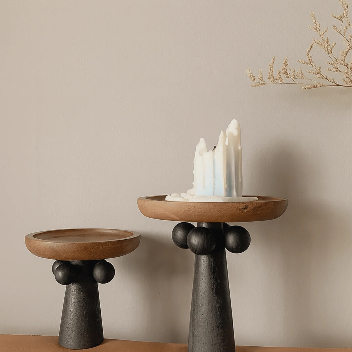 Sculptural Wooden Pedestal Tray – decorative candle and jewellery display