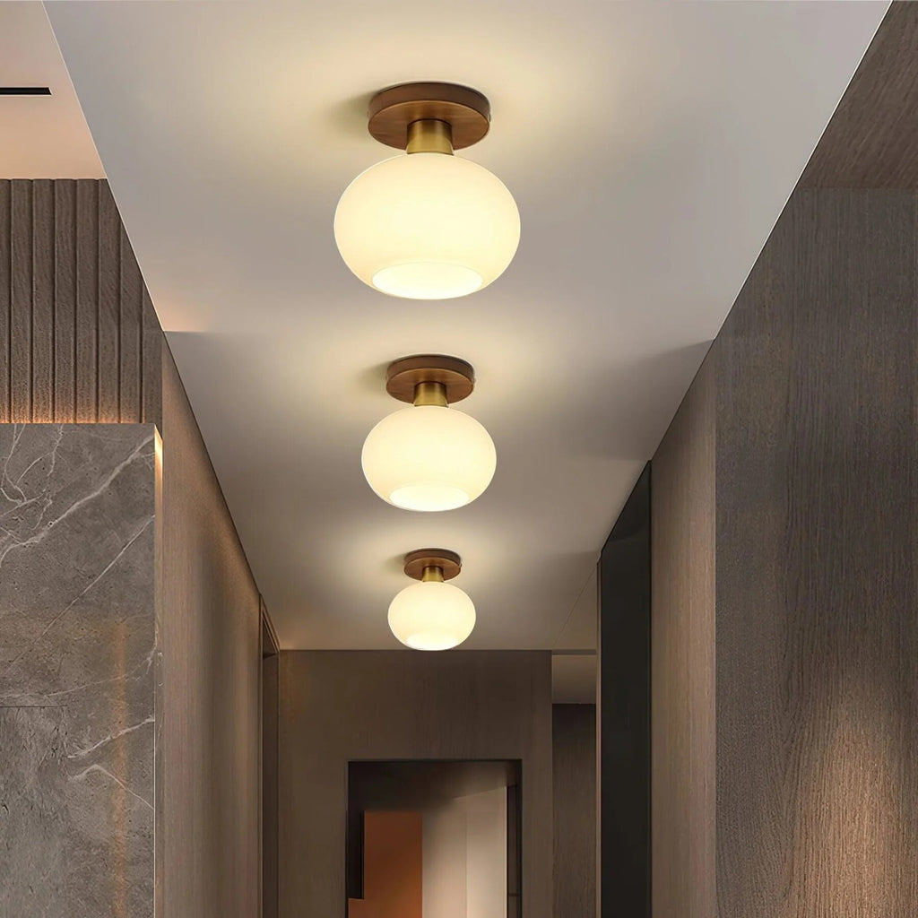 Semi-Flush Ceiling Light – walnut wood, copper accents, colour selectable