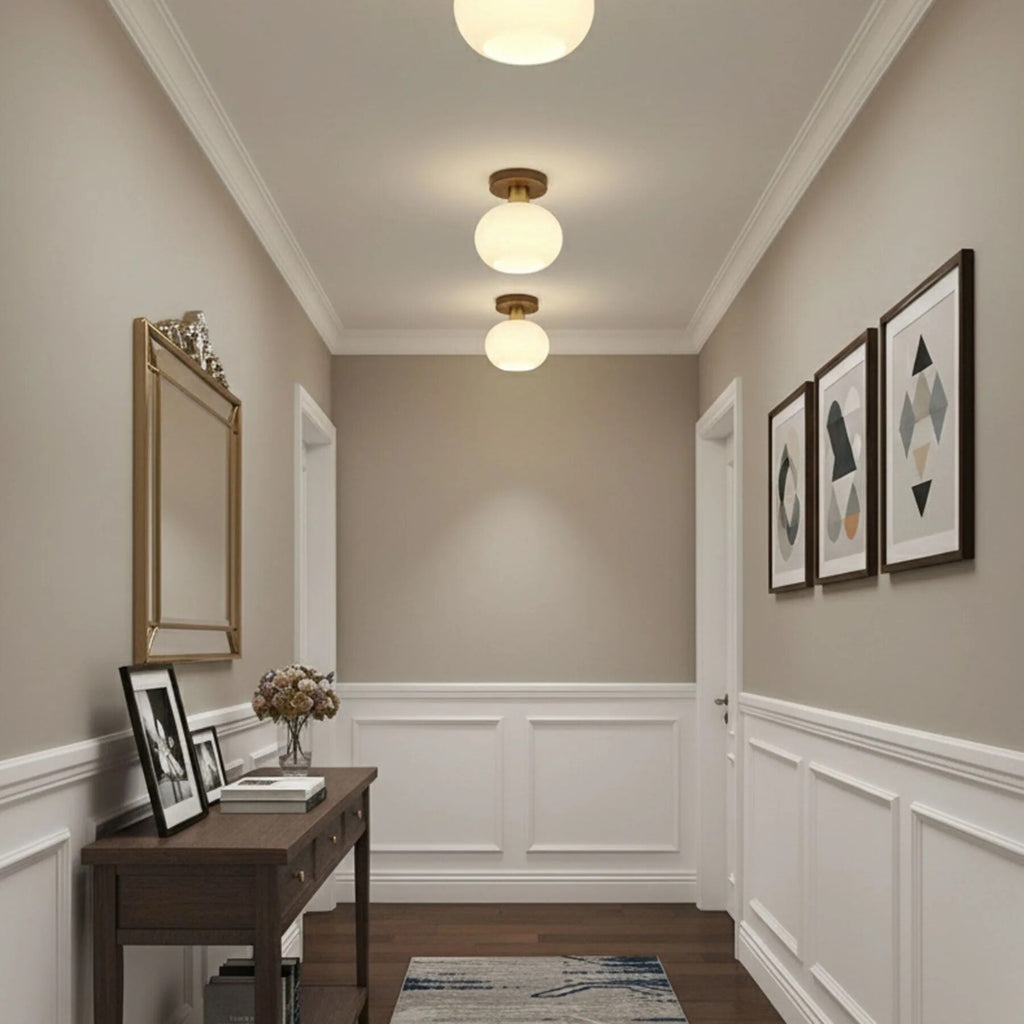 Semi-Flush Ceiling Light – walnut wood, copper accents, colour selectable