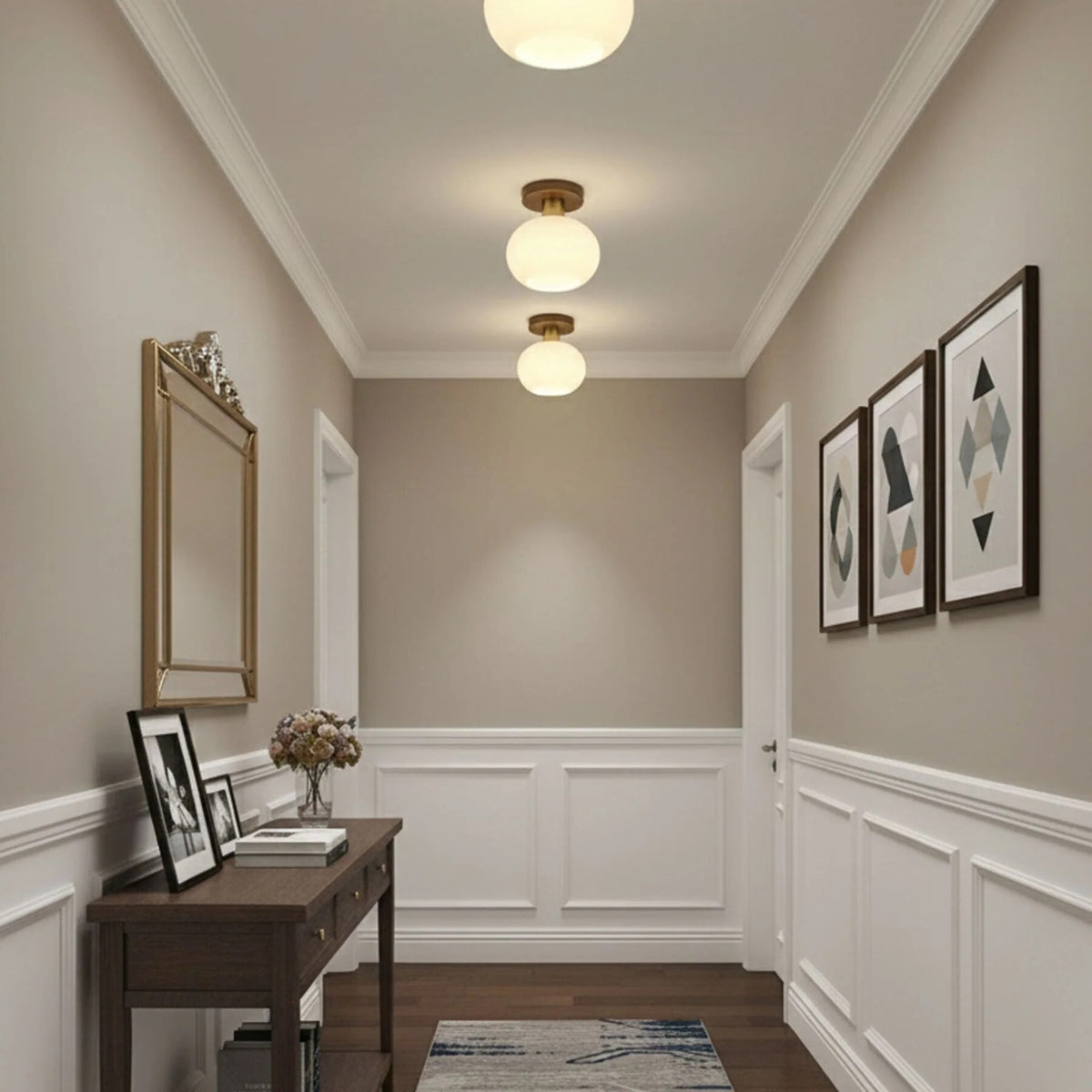 Semi-Flush Ceiling Light – walnut wood, copper accents, colour selectable