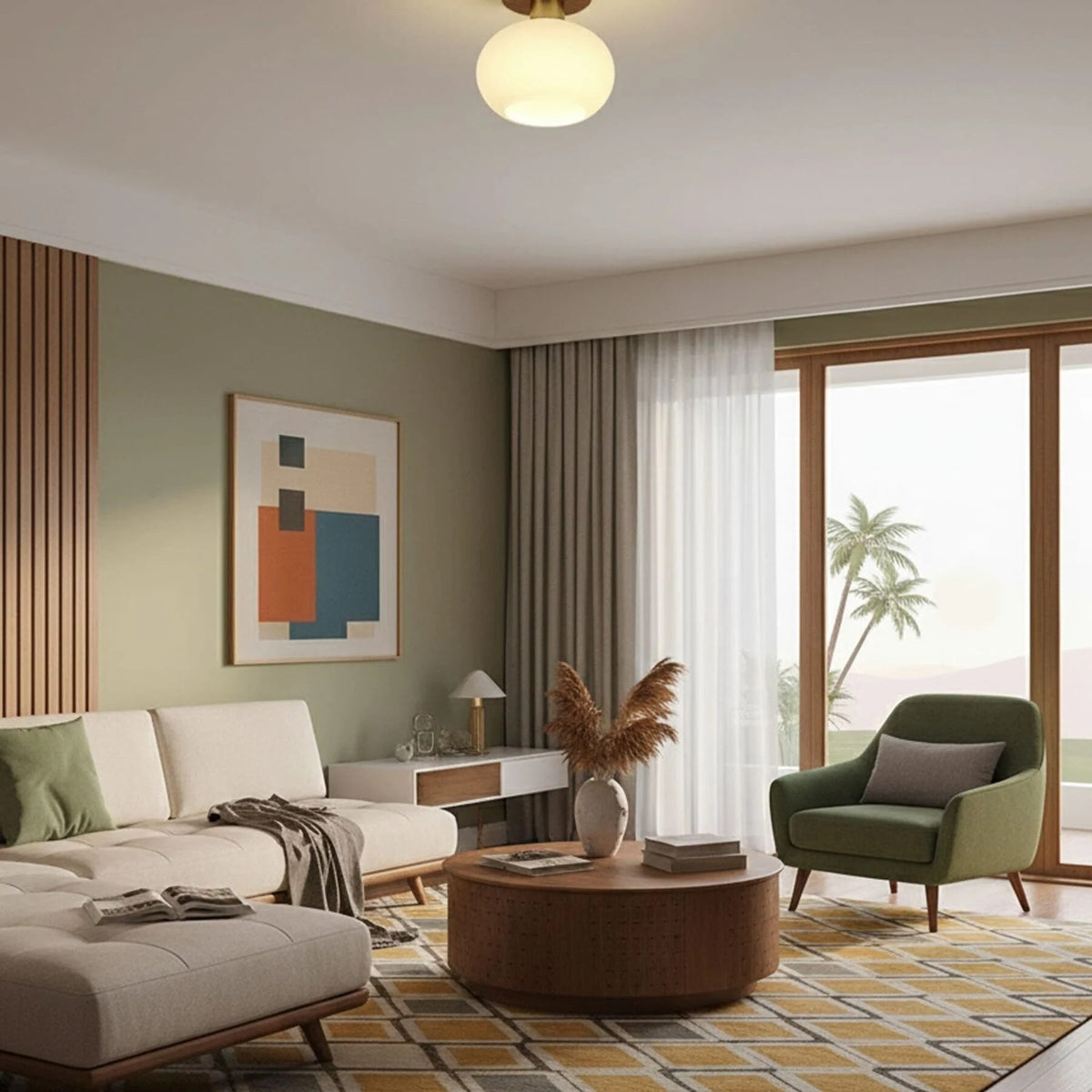Semi-Flush Ceiling Light – walnut wood, copper accents, colour selectable