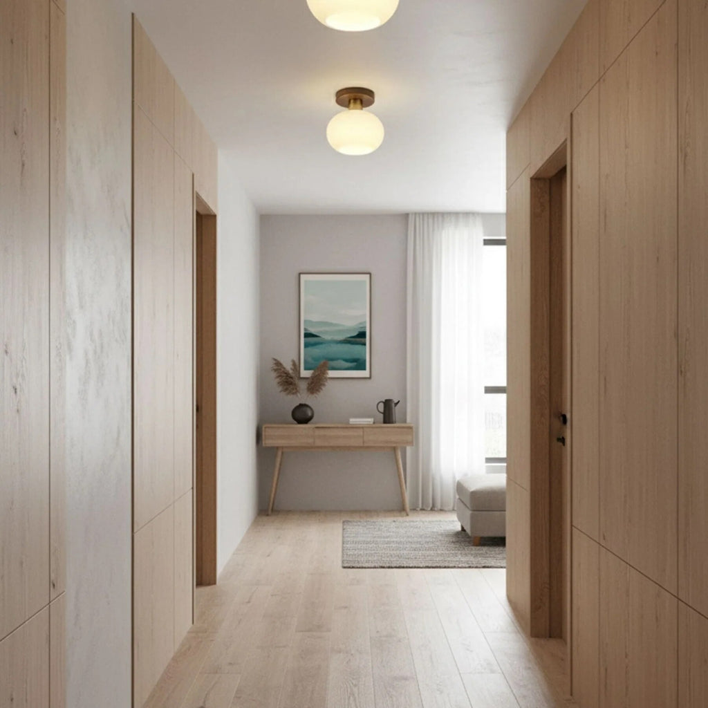 Semi-Flush Ceiling Light – walnut wood, copper accents, colour selectable