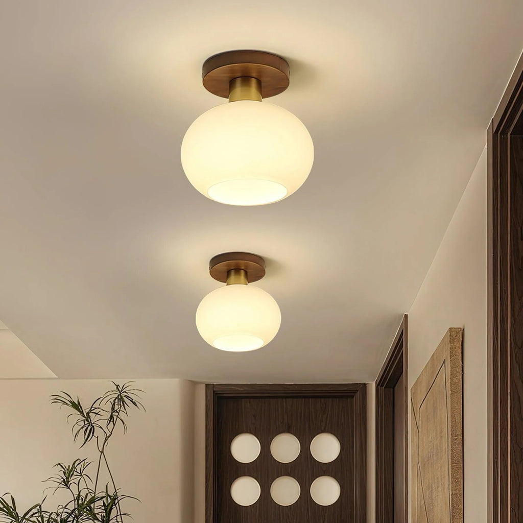 Semi-Flush Ceiling Light – walnut wood, copper accents, colour selectable