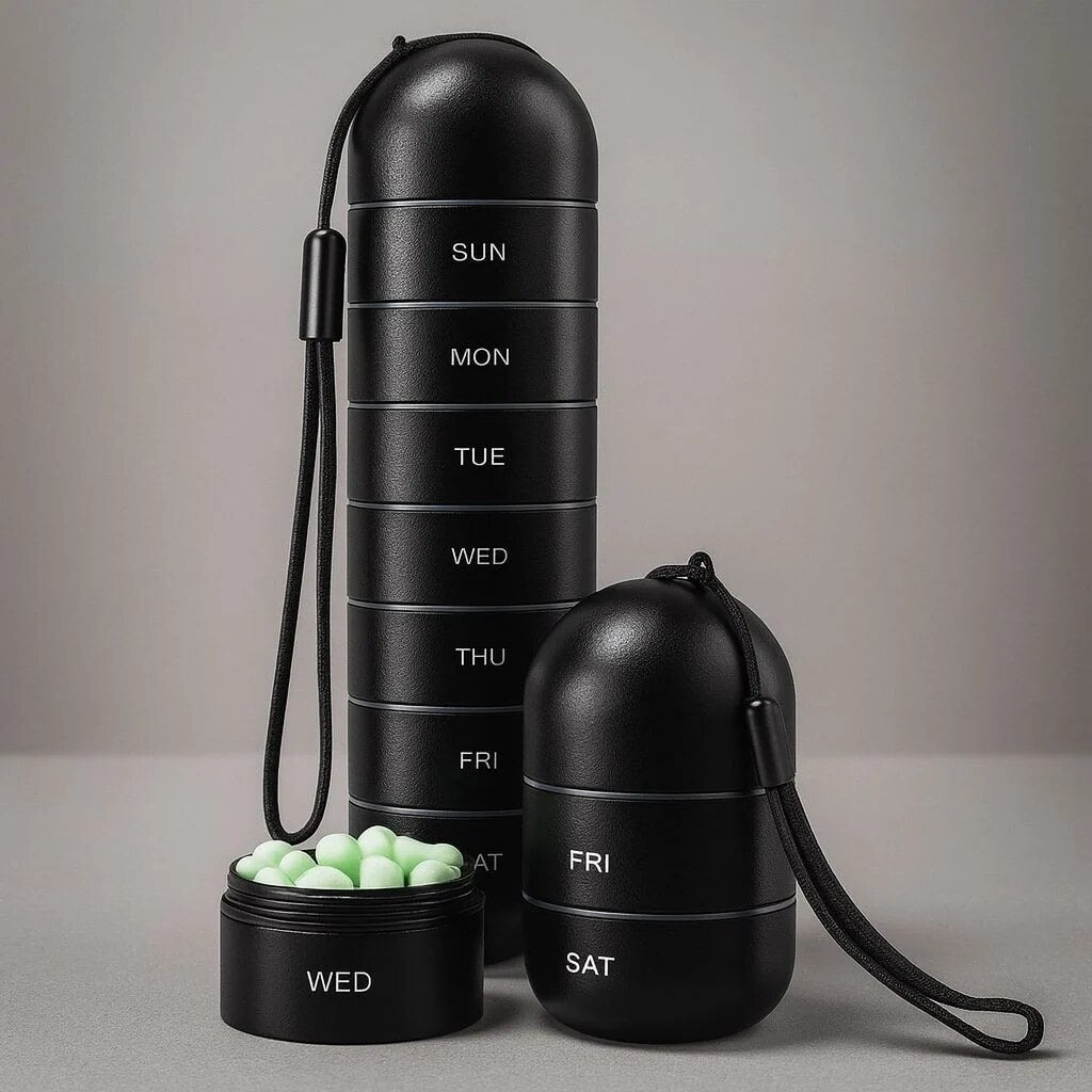 Seven-Day Pill Organiser – aluminium, stackable, moisture resistant