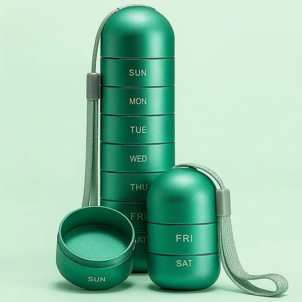 Seven-Day Pill Organiser – aluminium, stackable, moisture resistant