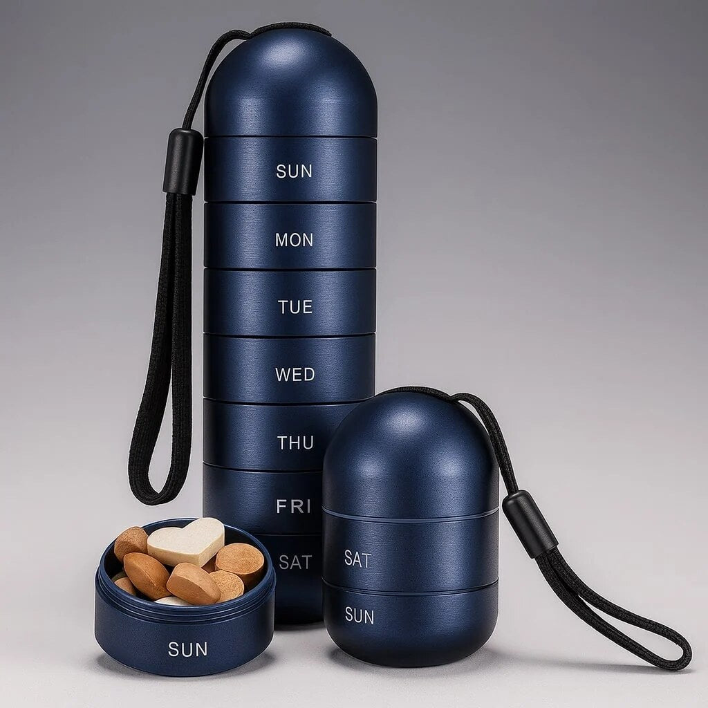 Seven-Day Pill Organiser – aluminium, stackable, moisture resistant