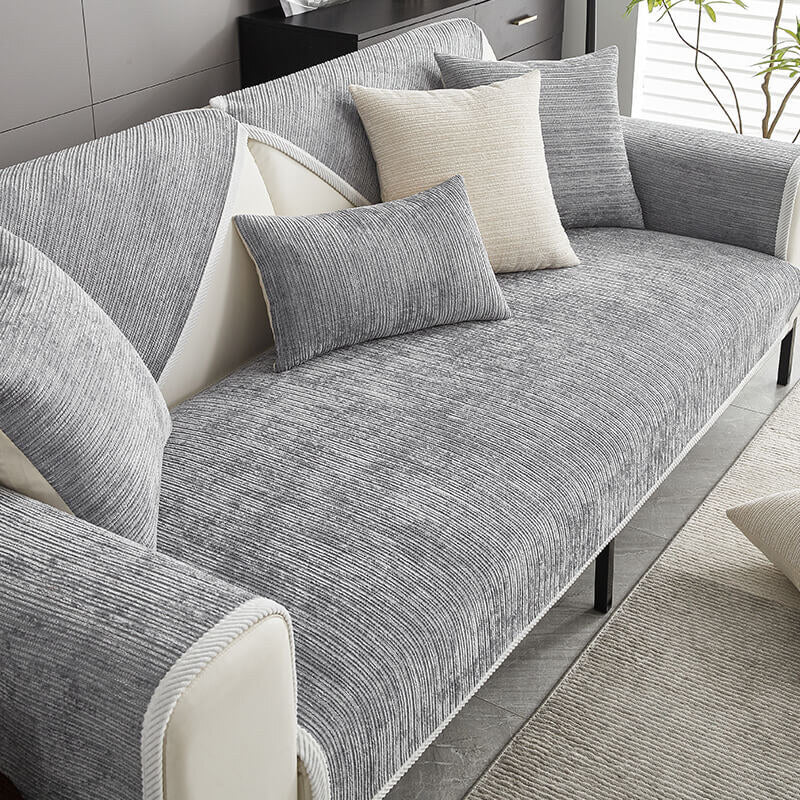 Sofa Slipcover – striped chenille, anti-scratch non-slip backed
