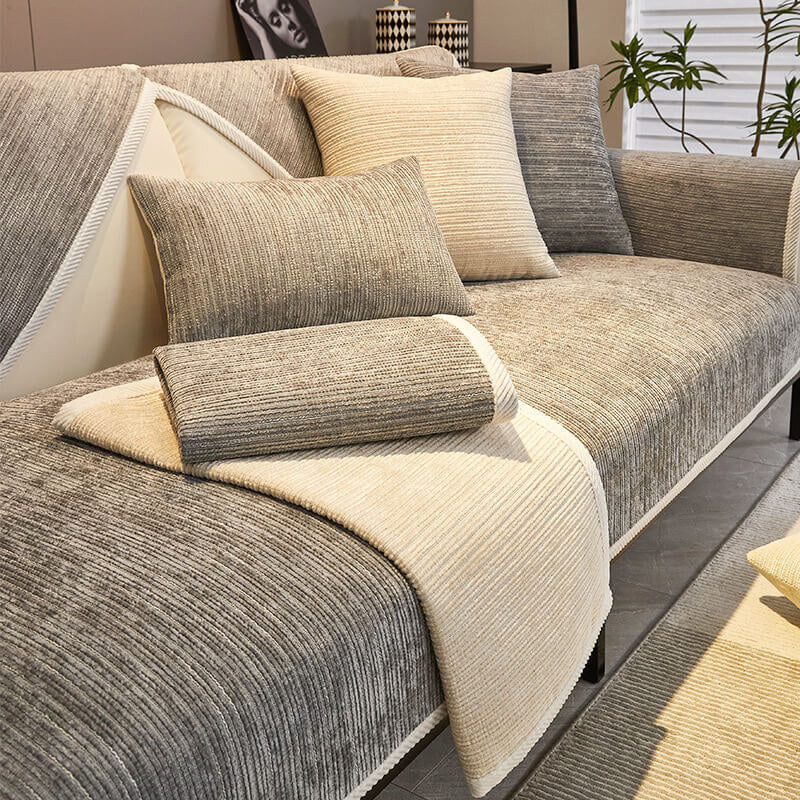 Sofa Slipcover – striped chenille, anti-scratch non-slip backed