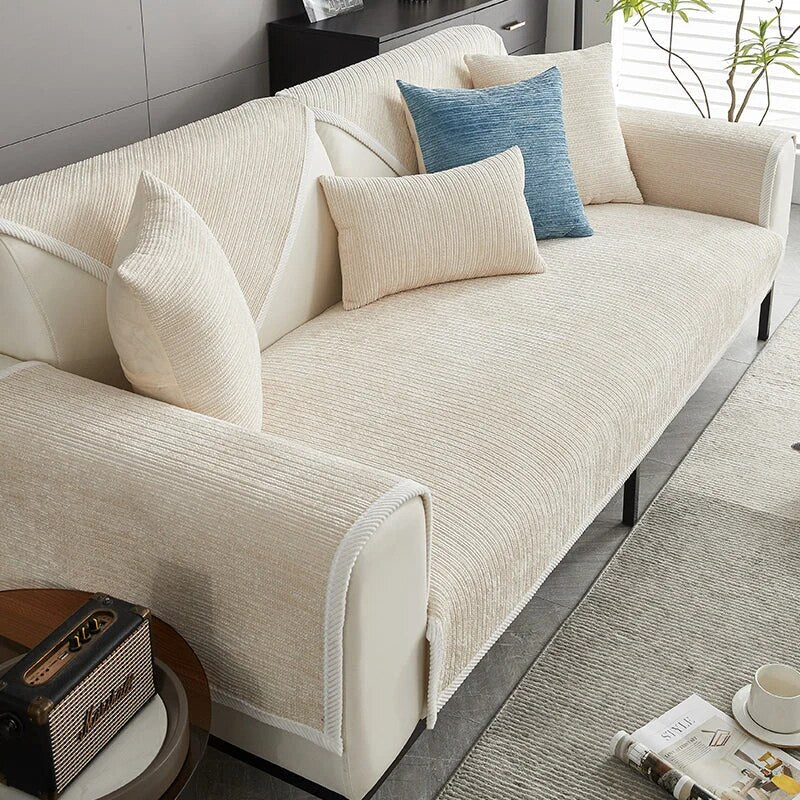 Sofa Slipcover – striped chenille, anti-scratch non-slip backed
