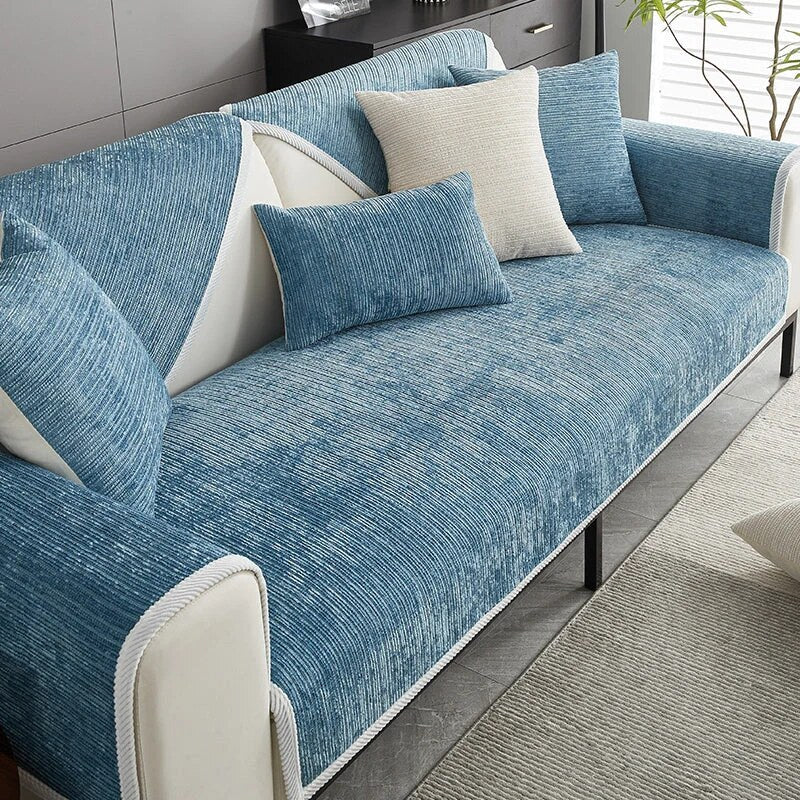 Sofa Slipcover – striped chenille, anti-scratch non-slip backed