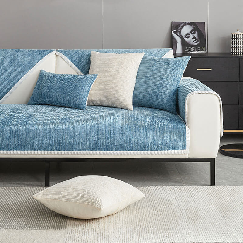 Sofa Slipcover – striped chenille, anti-scratch non-slip backed