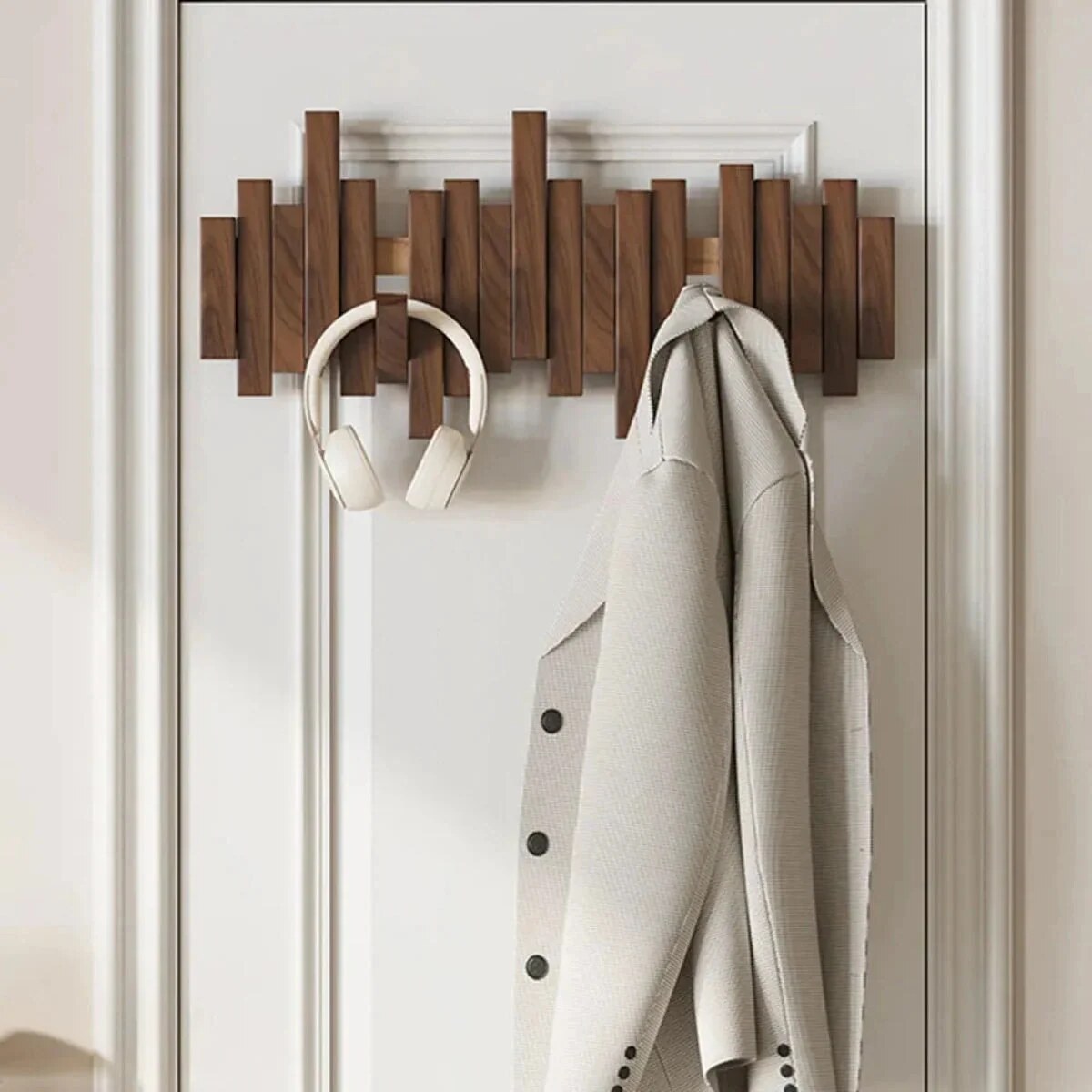 Solid Wood Coat Rack – fold-down hooks, staggered slats, wall mounted
