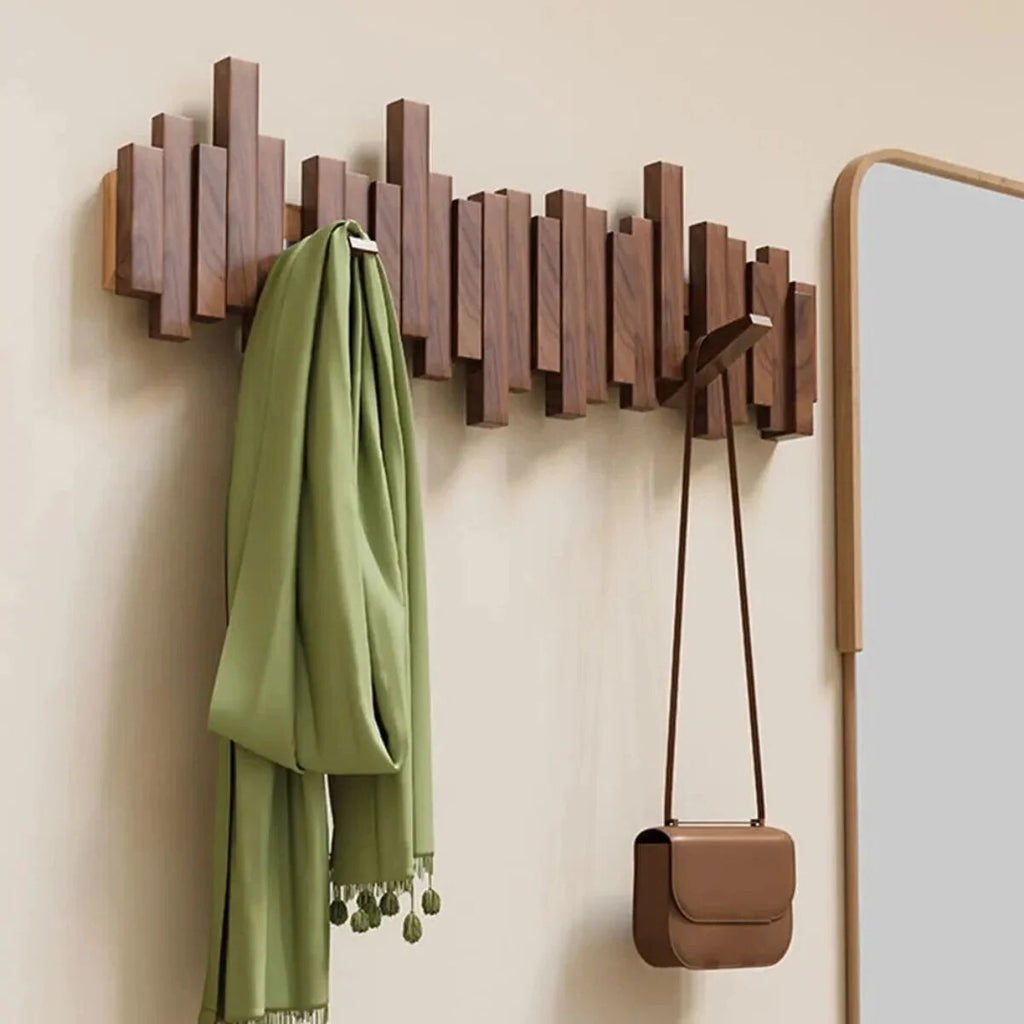Solid Wood Coat Rack – fold-down hooks, staggered slats, wall mounted
