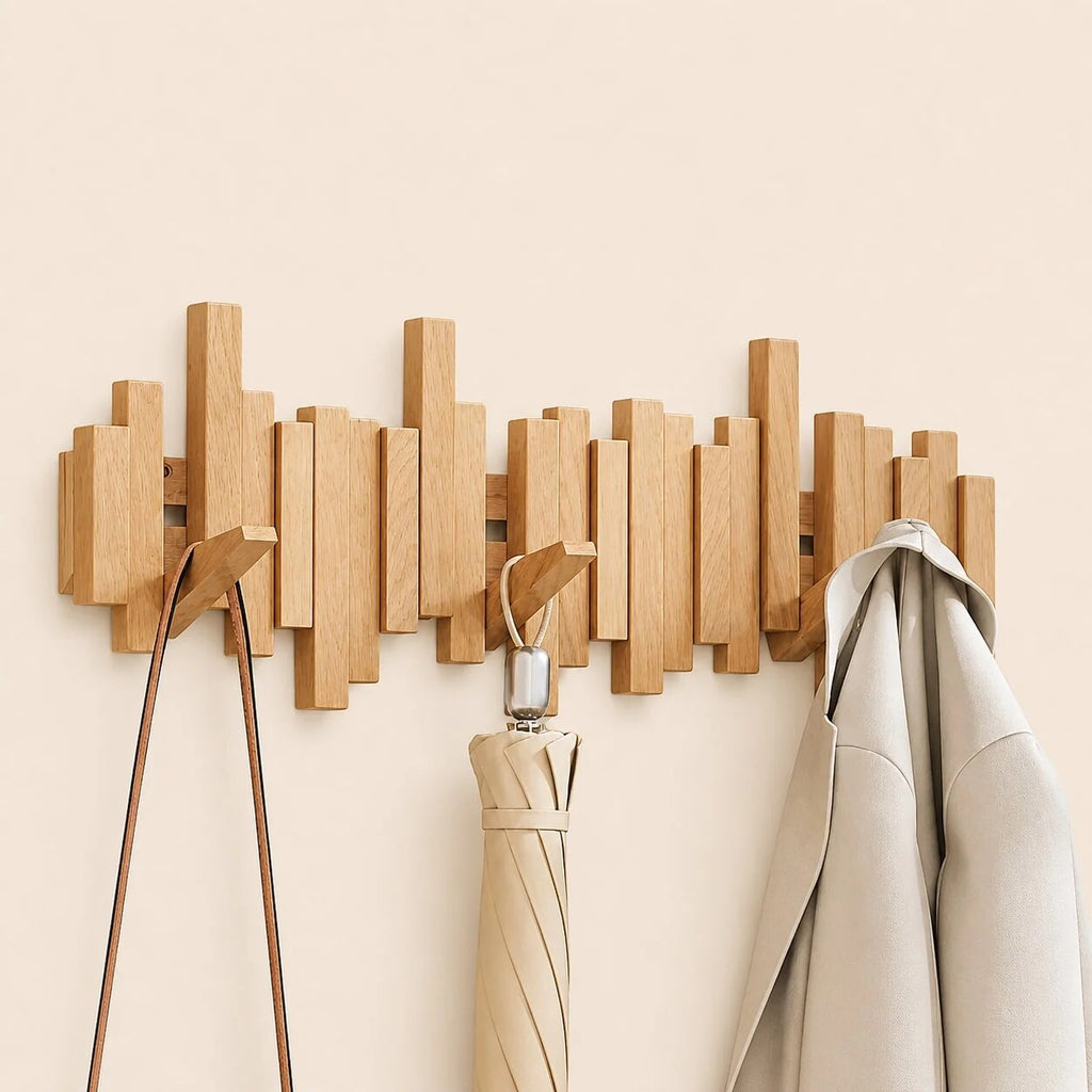 Solid Wood Coat Rack – fold-down hooks, staggered slats, wall mounted