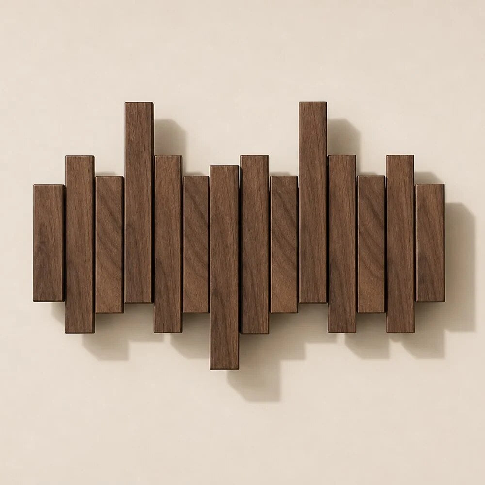 Solid Wood Coat Rack – fold-down hooks, staggered slats, wall mounted