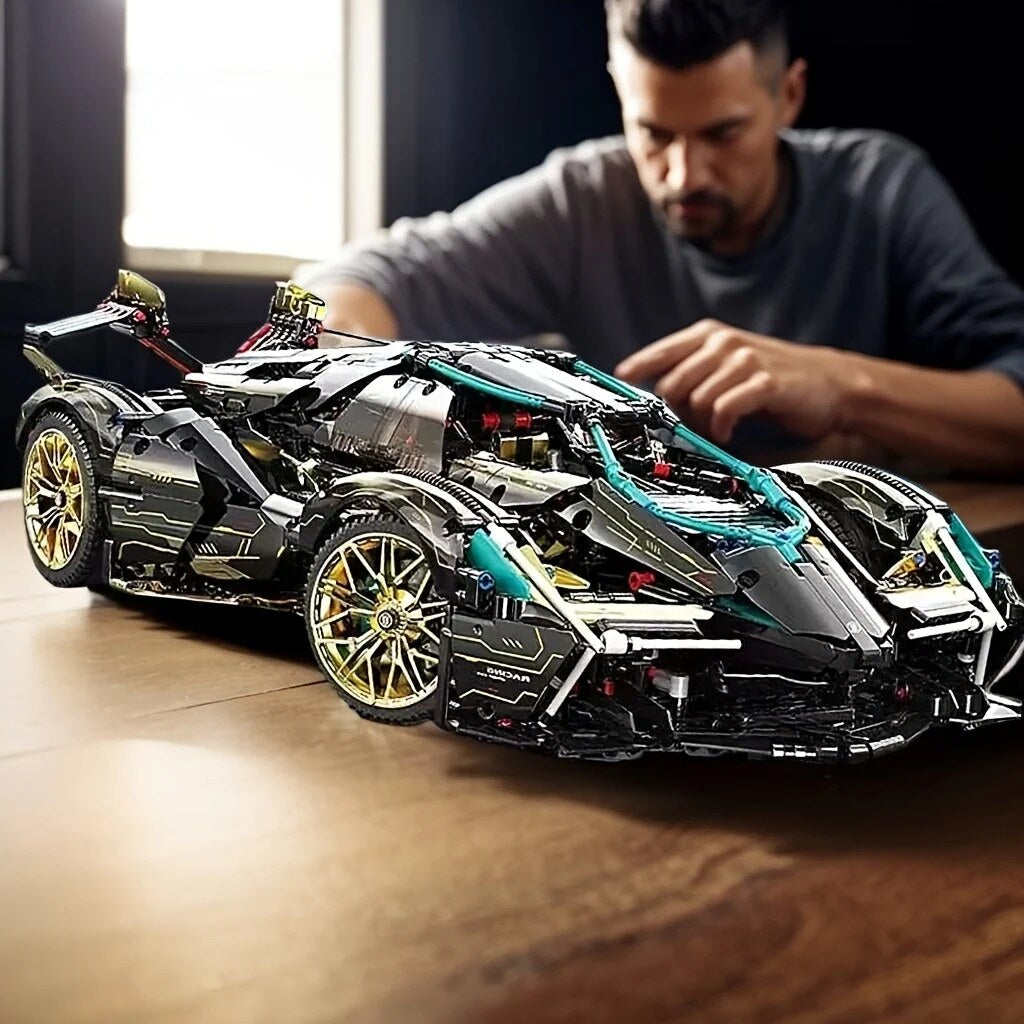 Sports Car Building Block Model – black and gold, detailed design