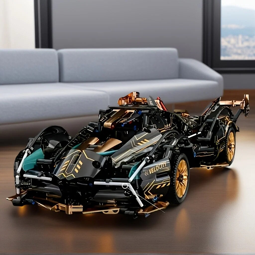 Sports Car Building Block Model – black and gold, detailed design
