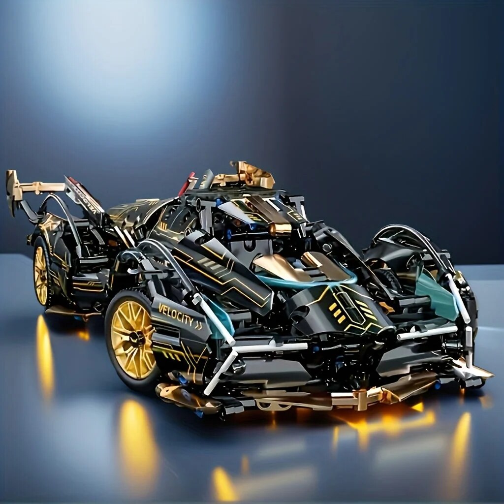 Sports Car Building Block Model – black and gold, detailed design