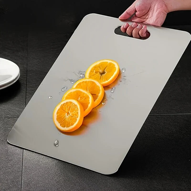 Stainless Steel Prep Board – dual-sided kitchen use, integrated handle