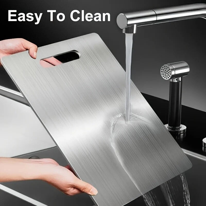Stainless Steel Prep Board – dual-sided kitchen use, integrated handle