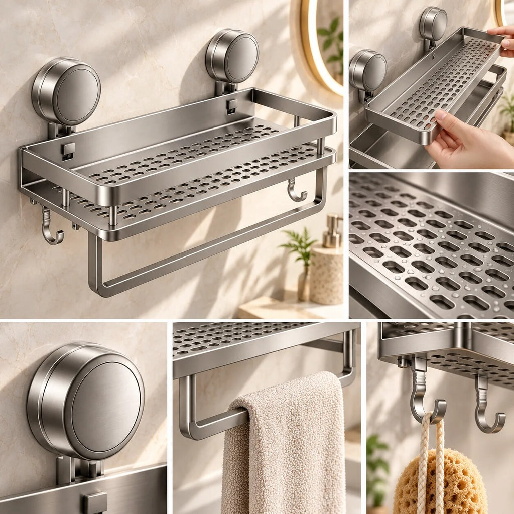 Suction Cup Bathroom Shelf – removable, wall mounted, drip tray