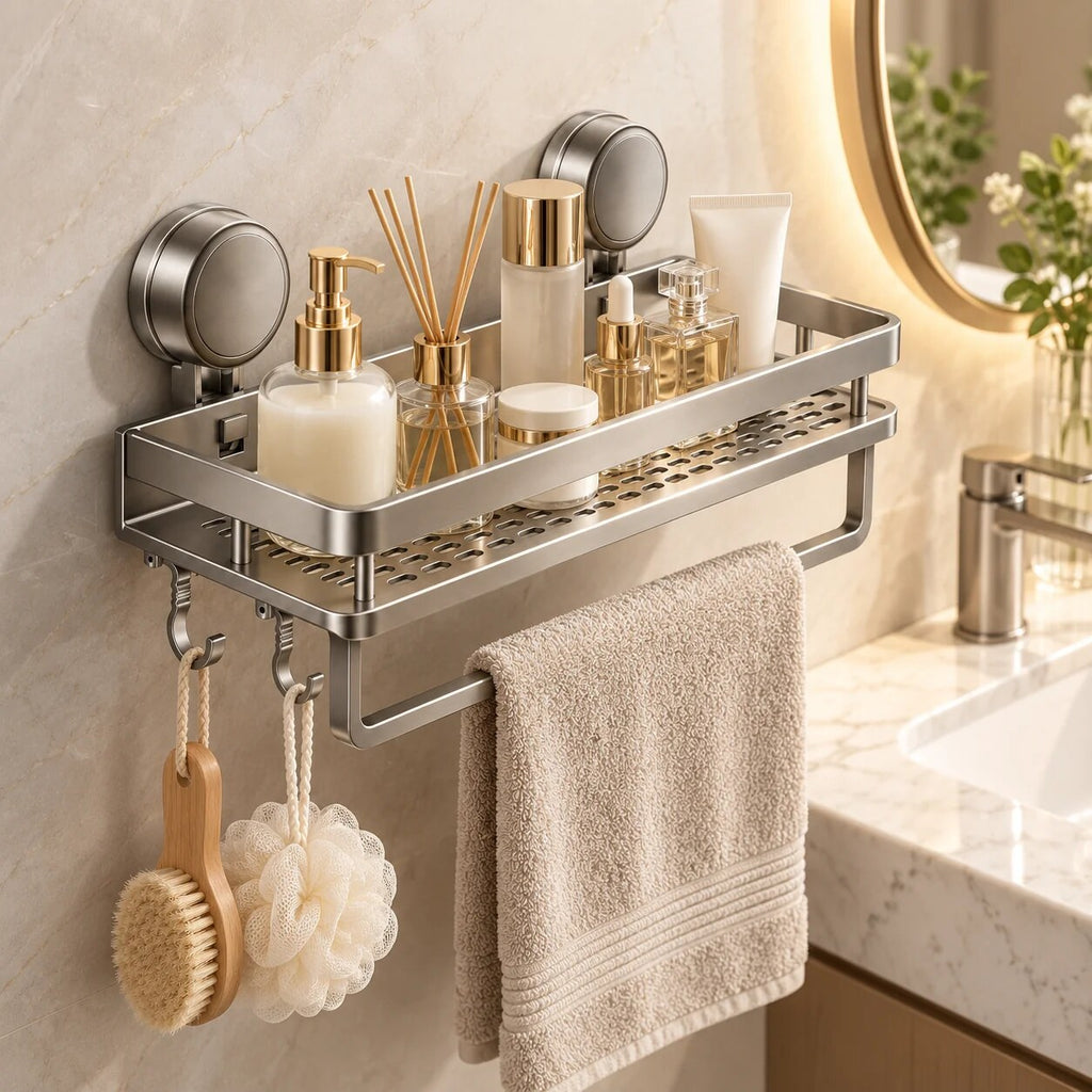 Suction Cup Bathroom Shelf – removable, wall mounted, drip tray